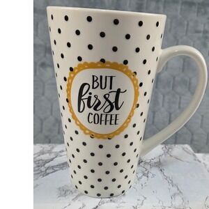 Clay Art But First Coffee Polka Dot Ceramic Latte Mug Tall White Black Yellow 6"